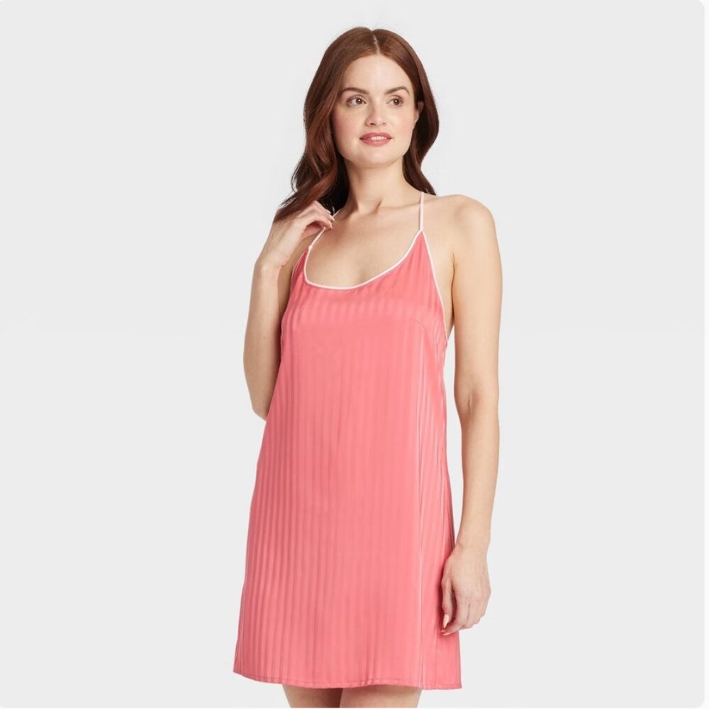 Auden Womens Chemise Shadow Striped Satin V Neck Coral Red